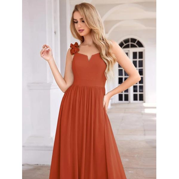 Elegant V-neck Floral Strap Empire A-line Waist Burnt Orange Chiffon Bridesmaid Dress