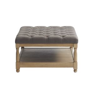 Upholstered Tufted Coffee Table Ottoman Modern Design With Wooden Shelf