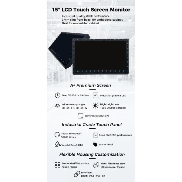 880 Cd/M2 LCD Touch Monitor , 15 Inch Touch Screen Monitors Glare Resistant