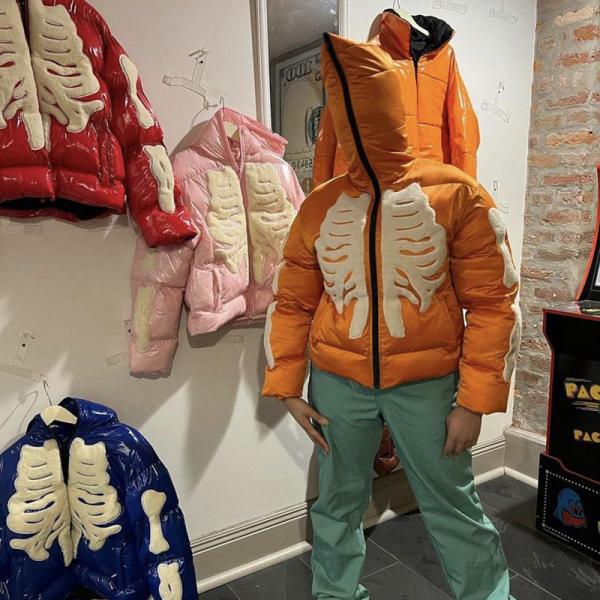 Buy OEM Unisex Zip up Hoodie Custom Skeleton Chenille Embroidery Logo Puff Jacket Waterproof Windproof Bubble Full Zip up Jacket Men at wholesale prices