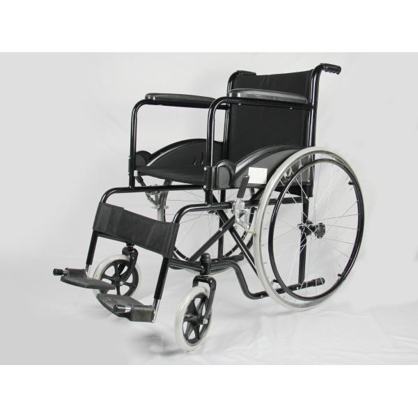 Low Price Basis Black Coating Steel Frame Folding Steel Wheelchair With Solid