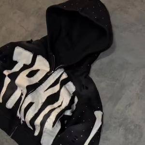 Custom logo Applique Embroidery Cropped Hoodies Black Rhinestone Printing