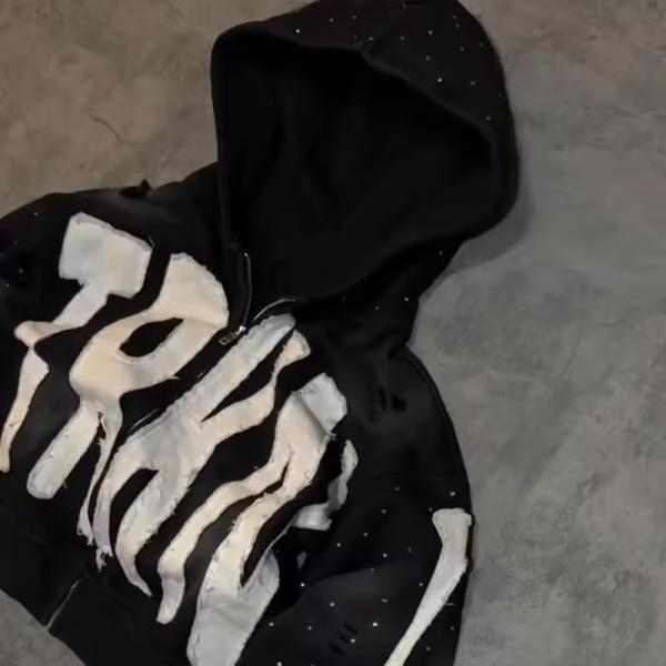 Custom logo Applique Embroidery Cropped Hoodies Black Rhinestone Printing Hoodies for Men Zip up French Terry Ribbed Hem Hoodies