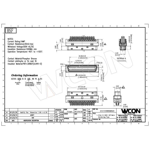 1.27mm scsi male D-Type connector 68pins polyester phosphor bronze