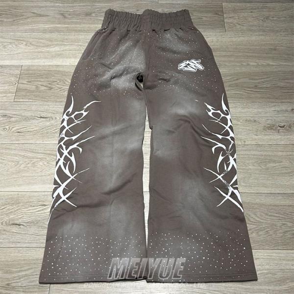 Custom Vintage Acid Wash Sun Faded Flared Sweat Wide Leg High Waist Track Pants Embroidery Rhinestone Oversized Baggy Sweatpants