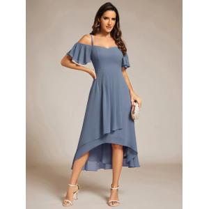 Empire Off-shoulder Spaghetti Strap Zipper High-low Wedding Guest Short Sleeves
