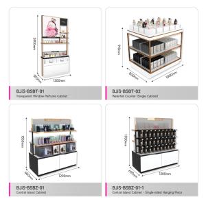 Cosmetic Shop Rack Platinum Wooden Central Hall Cabinet With Light Box For