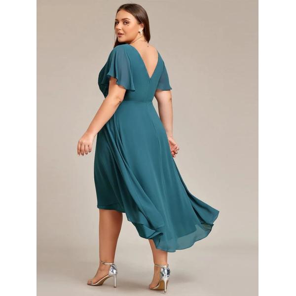 Chic V-neck High-low Short Flutter Sleeves A-line Ruffles Midi Invisible Zipper Teal Chiffon Wedding Bridesmaid Dress