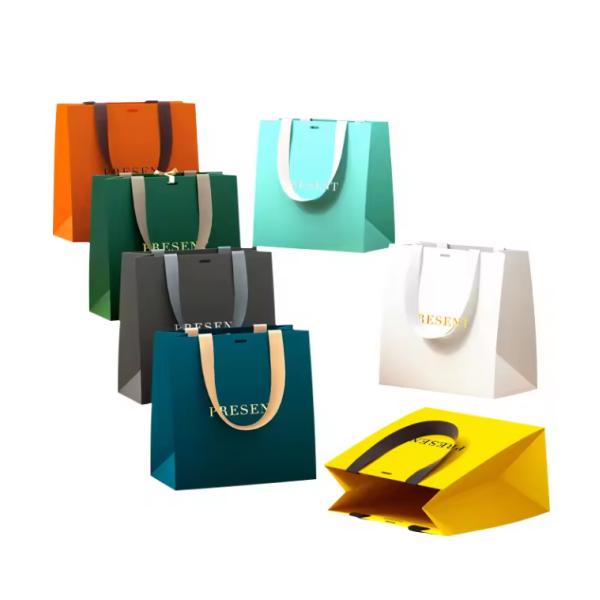 Luxury Ribbon Handle Boutique Shopping Packaging Black Paper Bags With Logo