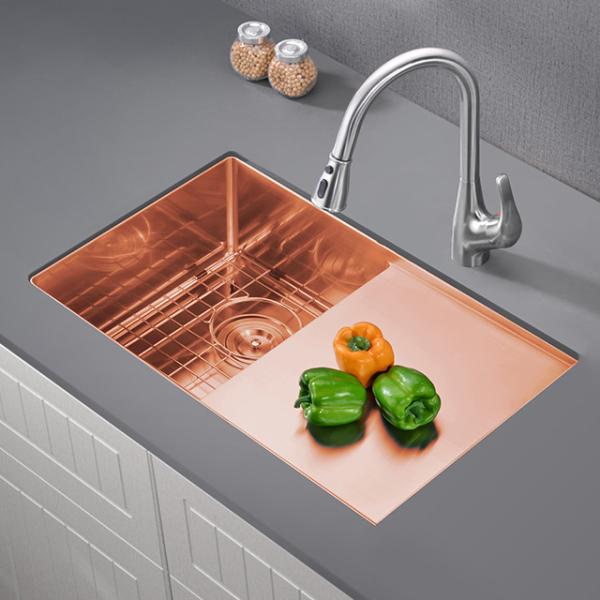 Buy Copper Single Square Bowl Kitchen Sink With Drainboard Right at wholesale prices
