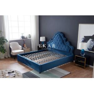 Contemporary Wood Blue Velvet Fabric Double Bed