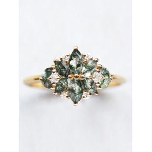 Natural Moss Agate Flower Shape Marquise Blossom CZ Wedding Cluster Ring