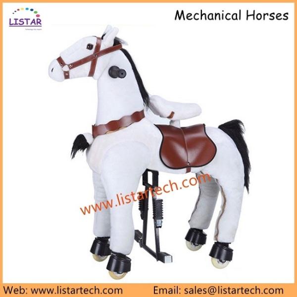 Mechanical Horse Ride on Pony with Brown Leather, Plush Fur Mechanical Horse Toy