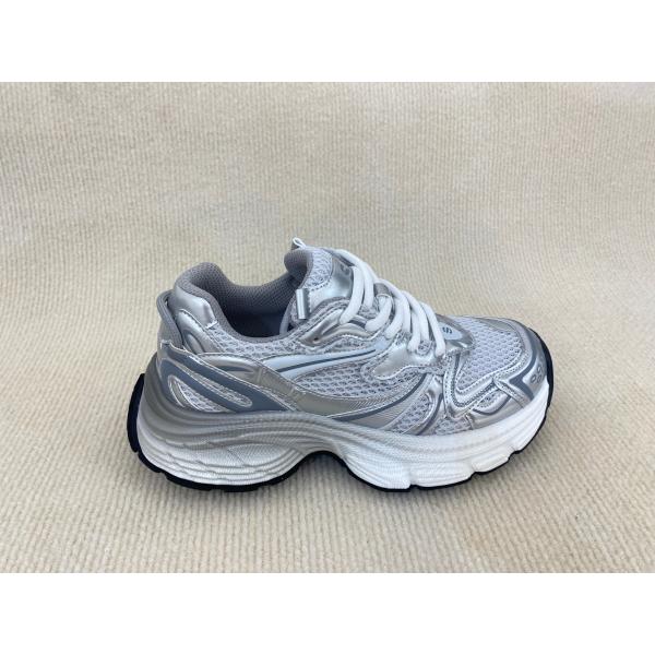 Women white silver sport shoes with thick soled and breathable mesh upper PU