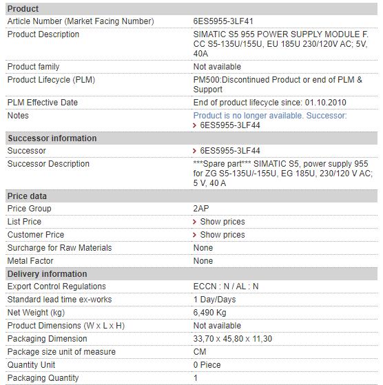 6ES5955-3LF41 6ES5 955-3LF41 Siemens Power Supply