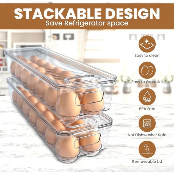 Home Egg Container With Lid And Handle For Refrigerator Organization- Pack Of 2 - Clear Stackable Egg Holder For Kitchen Or Pantry Organizers And