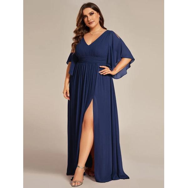 Empire Plus Size V-neck Ruffled A-line Invisible Zipper Half Flutter Sleeves Purple Orchid Chiffon Evening Dress