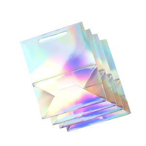 boutique Custom Printed Paper Bags Holographic Shopping Bag With Ribbon Handle
