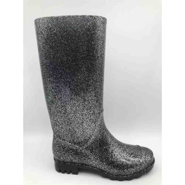 Women Pvc Slip On Tall Rain Boots Ankle Height With Glitter Upper Classcial Styles