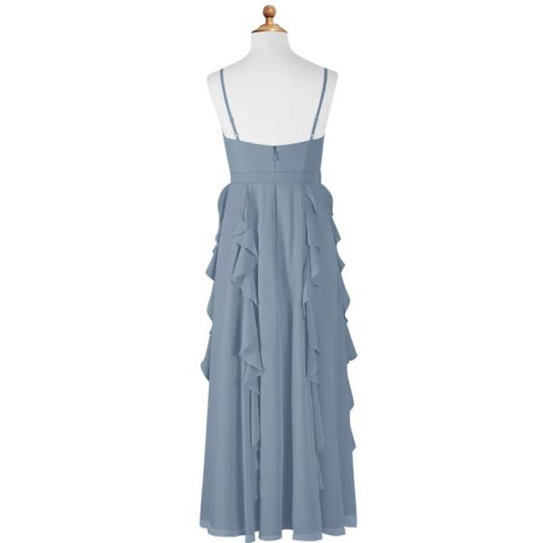 Fashionable A-Line Chiffon Dusty Blue Floor-Length Junior Bridesmaid Dress Cascading Ruffles Princess Spaghetti Straps