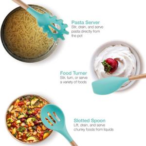Green Silicone Kitchen Cooking Utensils Set With Wooden Bamboo Handles