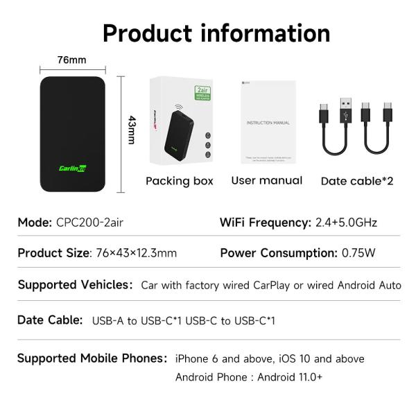 Wired To Wireless Smart Android Auto And Apple Carplay Dongle 2Air AI BOX