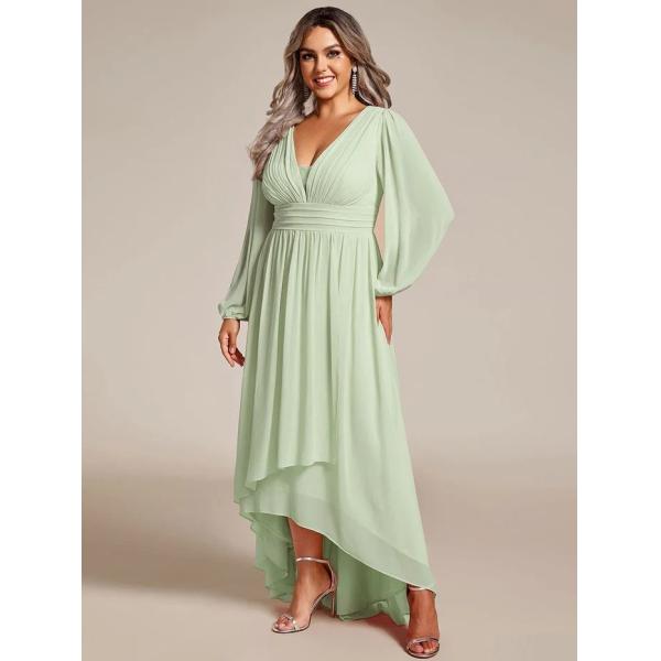 Plus Size Enchanting Lotus Leaf Lantern Sleeve Pleated Empire High Waist A-line Mint Green Chiffon Graduation Dress