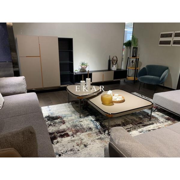 Metal Legs Modern Living Room Wood Leather Coffee Table Set