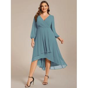 Quality Elegant Empire Long Sleeve V-neck High Low A-line Ruffled Midi Dusty Chiffon Wedding Guest Blue Graduation Dress for sale