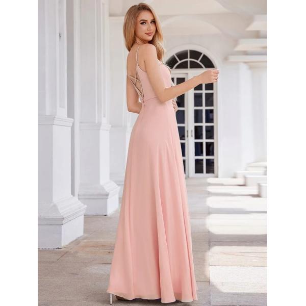 Chic V-neck Pleated Sleeveless Backless A-line Empire Spaghetti Strap Applique Waist Pink Chiffon Prom Dress