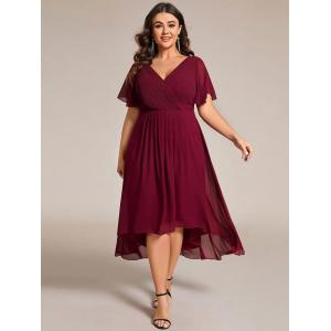 Empire Plus Size V-neck High-low A-line Short Sleeve Ruffled Purple Orchid