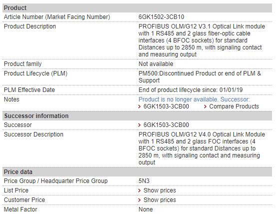 6GK1502-3CB10 6GK1 502-3CB10 Siemens Optical Link Module