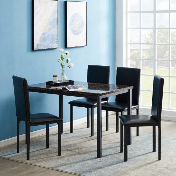 Marble Top 41.8" W table 5 Piece Kitchen Table Set 4 Black Faux Leather Upholstery Chairs
