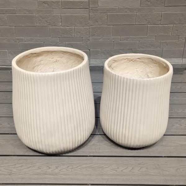 Contemporary Look Neutral Beige Repetitive Linear Texture Design Round Fiber Clay Planter