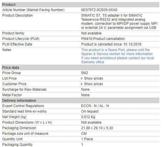 6ES7972-0CB35-0XA0 6ES7 972-0CB35-0XA0 Siemens Simatic Teleservice TSAIII Modem