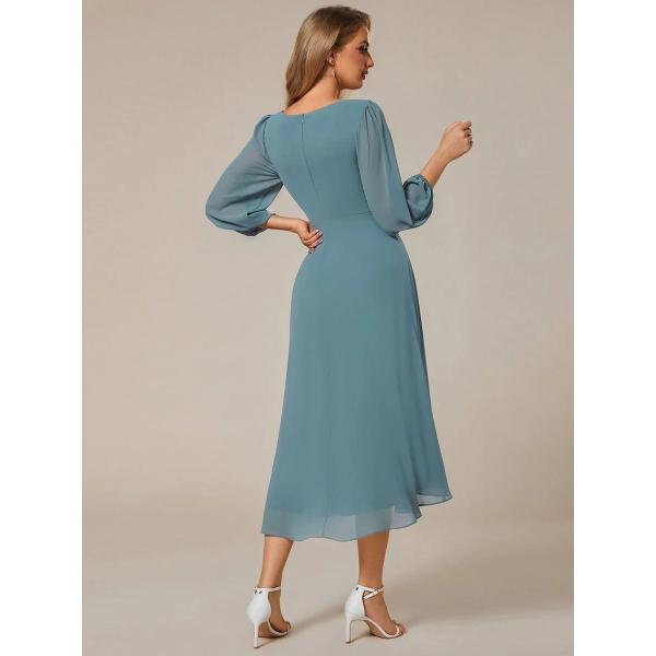 Elegant Empire Long Sleeve V-neck High Low A-line Ruffled Midi Dusty Chiffon Wedding Guest Blue Graduation Dress