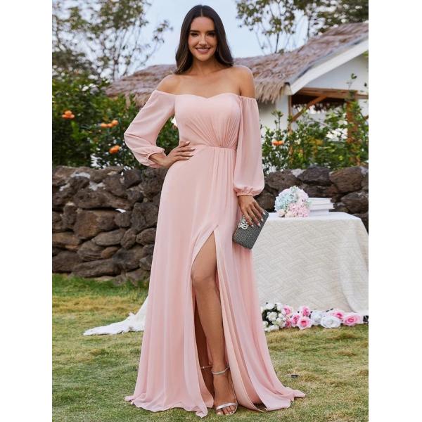 Plus Size Ruffled Long Sleeve High Slit Off-shoulder High Slit Pink Chiffon Bridesmaid Dresses