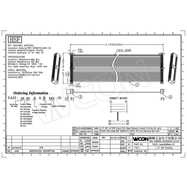1.27mm IDC 60P Latch Header Without SR PBT Black Assemble Cable L=150mm