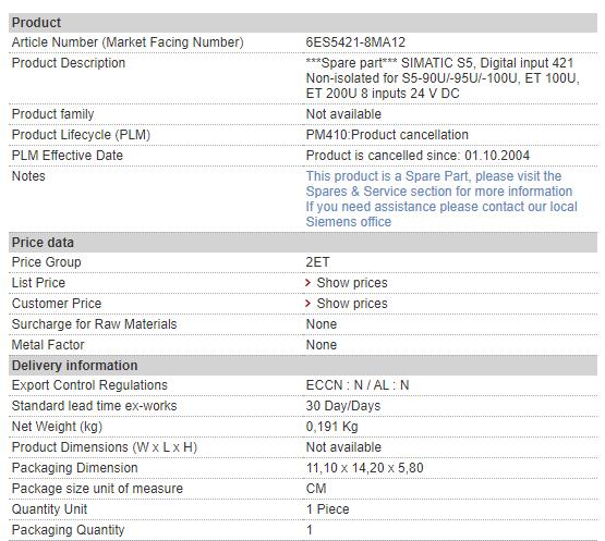 6ES5421-8MA12 6ES5 421-8MA12 Siemens Digital Input Module