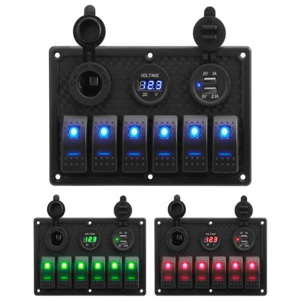 Waterproof Marine Boat Rocker Switch Panel 6 Gang With Dual USB Socket 3.1A Volt