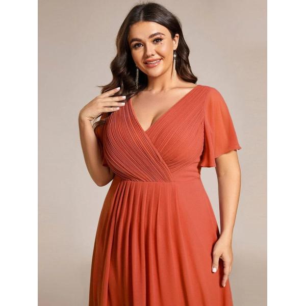 Chic V-neck High-low Short Flutter Sleeves A-line Ruffles Midi Invisible Zipper Burnt Orange Chiffon Party Dress