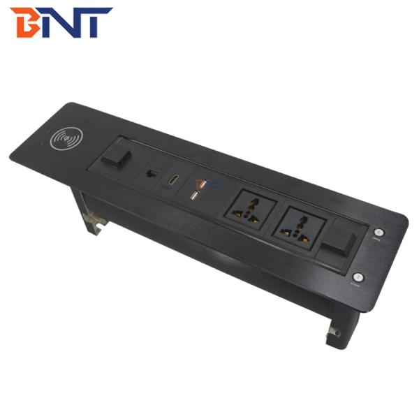 black rotation with wireless charger motrorized electric table flip up media socket