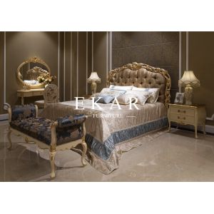 China Italian Luxury Antique Carved Wood Fabric Bed Bedroom Furniture on sale