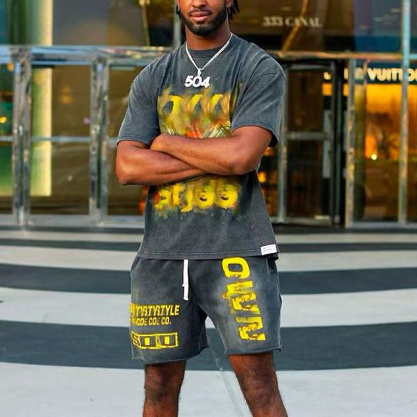 Streetwear Summer 100 Cotton Tracksuit Shorts Set Mens Screen Printing Heavyweight