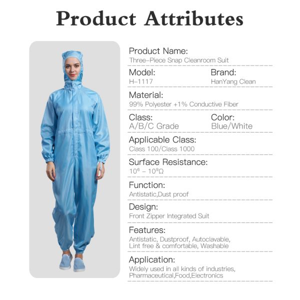 Custom Size ESD Coverall with Surface Resistance 10e6-10e9 Ohm for Class 100/Class 1000 Cleanroom Suit