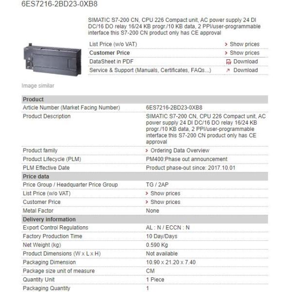 6ES7216-2BD23-0XB8 6ES7 216-2BD23-0XB8 Siemens Compact Unit