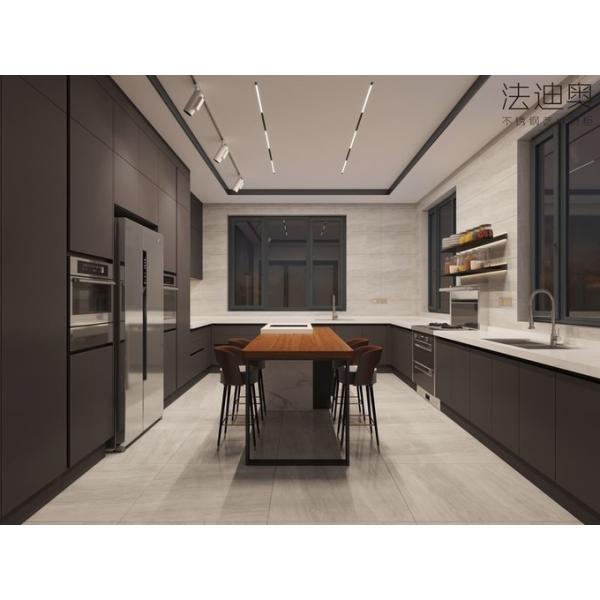 Charcoal Black Elegance Stainless Steel Kitchen Cabinets With Functional U-Shaped Layout