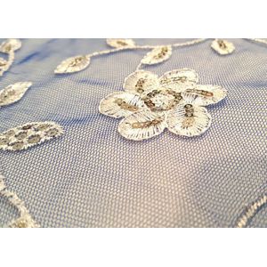 Embroidered White And Blue Sequin Floral Lace Fabric With Scalloped Edging