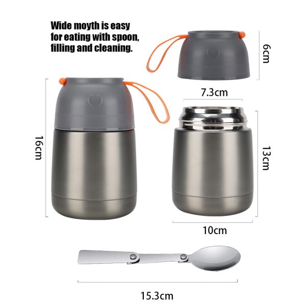 Vacuum Insulated Stainless Steel Lunch Thermos Leak Proof Soup Containers with Folding Spoon for Hot or Cold Food