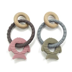 Classic Cute Fish Chewable Silicone Wood Teether Nursing Comforter Toy